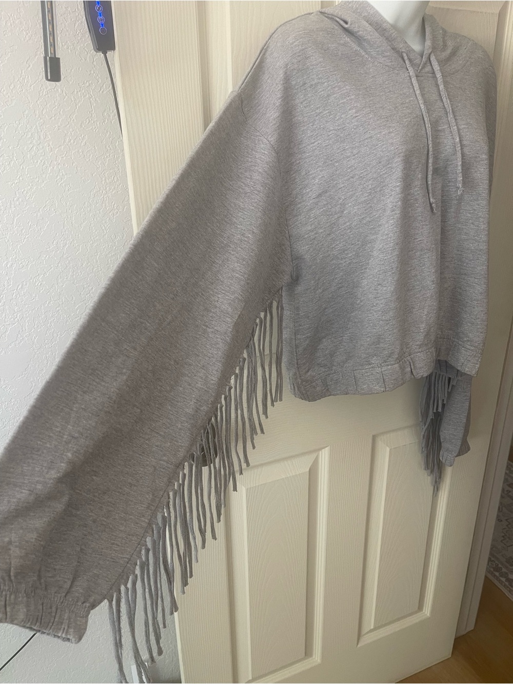 Women's Light Gray Fringe Hoodie - Casual Pullover - Picture 2 of 8